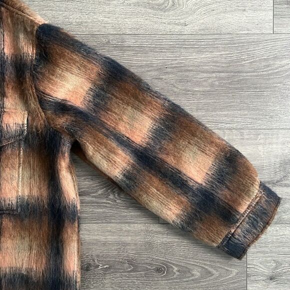 AMERICAN EAGLE Brushed Shacket Size XL Oversized Brown Navy Plaid Western Boho - Picture 6 of 11